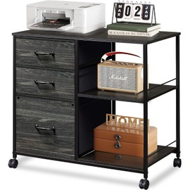 DEVAISE 3 Drawer Mobile File Cabinet, Rolling Printer Stand with Open Storage Shelf, Fabric Lateral Filing Cabinet fits A4 or Letter Size for Home Office, Charcoal Black Wood Grain Print
