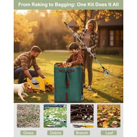 Leaf Rake Set: Adjustable Metal Leaf Rake with Expandable Head, 53 Gallon Reusable Collapsible Leaf Bag & Leaf Scoops Pick Up - Garden Leaf Collector Bag Holder Tools Lawn Yard Waste Cleaning