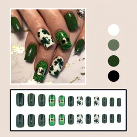 St. Patrick's Day Press on Nails Square Short Fake Nails Green Shamrock Glitter Powder False Nails with Clover Design Full Cover Glossy Glue on Nails Four Leaf Clover Stick on Nails for Women 24Pcs