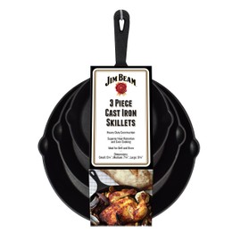 Jim Beam Set of 3 Pre Seasoned Cast Iron Skillets with Even Heat Distribution and Heat Retention - 6" 8" 10"