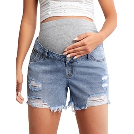 Verdusa Women's Maternity Denim Shorts High Waist Ripped Raw Hem Pregnancy Jeans Short Grey Light Blue S