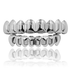 ASLLRISONY Rapper Men and Women Fashion Accessories Gold/Silver 8 Top Teeth 8 Bottom Tooth Hip Hop Mouth Grills with Extra Molding Bars (Silver Set)