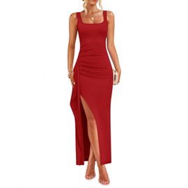 ZESICA Women's Sleeveless Formal Maxi Dresses 2025 Summer Ribbed Square Neck High Split Party Bodycon Long Dress, Red, Small
