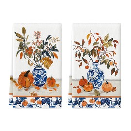 Artoid Mode Blue Vase Pumpkin Fall Kitchen Towels Dish Towels, 18x26 Inch Farmhouse Leaves Autumn Decoration Hand Towels Set of 2