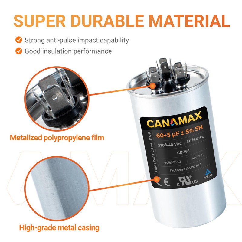 Canamax 60+5 MFD uf ±5% 370/440 Volt VAC Dual Run