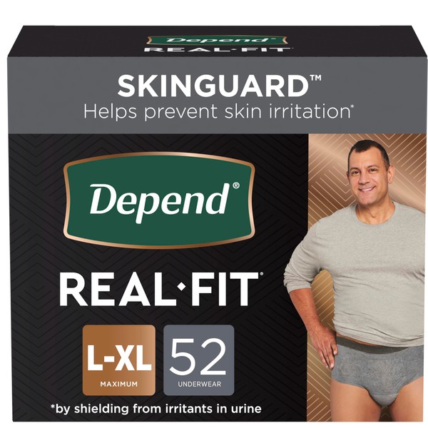 Depend Real Fit Incontinence Underwear for Men, Disposable, Maximum Absorbency, Large/Extra-Large, Grey, 26 Count (Pack of 2), Packaging May Vary