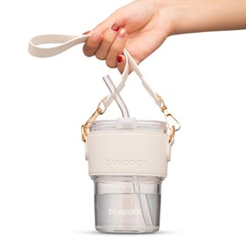 BLUEPOLAR 13oz/400ml Glass Water Tumbler with Straw and Lid Sealed Carry On Thick Wall Iced Coffee Cup Glass Cup for Water, Iced Tea Fruit Juice Etc (White with Sleeve and Strap)