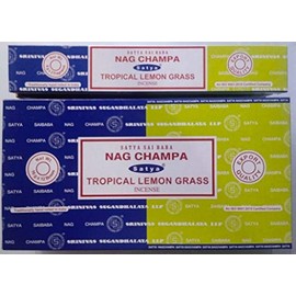3 X Nagchampa & Tropical Lemongrass Satya Combo Incense Sticks with JRose Incense Holder, 15g Box