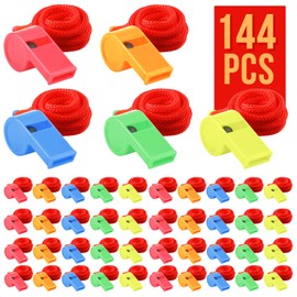 WSYUB 144Pcs Plastic Whistles, Loud Crisp Sound Whistle, Sports Whistle Bulk with Lanyard, Large Quantity Family Whistle for Sports or Compitition, Plastic Whistles Party Favors, 5 Colors