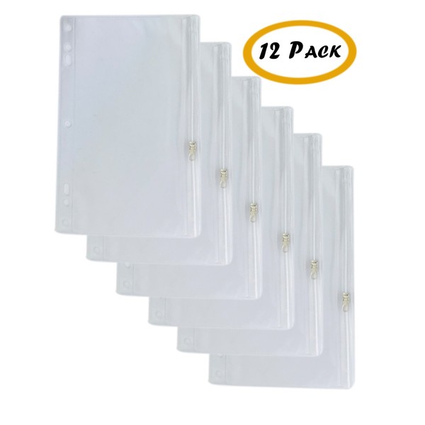 Vinyl Ring Binder Pockets - 9 ½ x 6 Inches - Fits All Standard Ring Binders - Zip Closure to Secure Your Belongings - 12-Pack