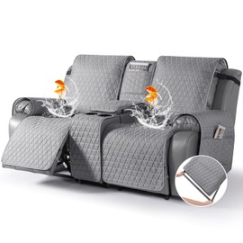 TAOCOCO 100% Waterproof Recliner Cover -Loveseat Recliner Cover with Center Console,Non-Slip Reclining Couch Covers for 2 Seat,with Elastic Straps Pocket for Kids, Dogs(Light Gray, 2 Seater XL)