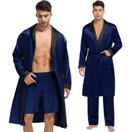 SWOMOG Men's 3 Pcs Robe Silk Satin Kimono Bathrobe with Shorts&Pants Set Lightweight Soft Sleepwear