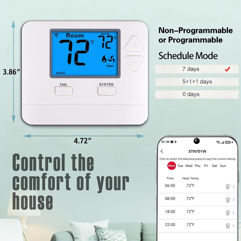 WiFi Thermostats for Home Smart Thermostat Single-Stage 1Heat/ 1Cool, APP
