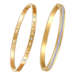 Gold Bracelets for Women - 2 Pcs 14K Gold Plated Friendship Bangles Cubic Zirconia Love Stack Bracelets Fashion Jewelry for Women Men Unisex Gift, Mother’s Day Wedding Party Pulseras Para Mujer (GOLD)