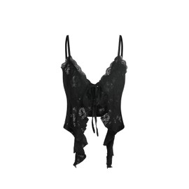 CIDER Going Out Tops for Women Y2K Tie Front Asymmetrical Ruffle Hem Lace Spaghetti Strap Cowgirl Crop Tops Black