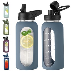 EALGRO 32 oz Glass Water Bottle with Straw and Handle, Sports Motivational Water Flask with Silicone Sleeve, Large Leakproof Water Flask Cup with Time Marker for Travel, Gym, Dark Blue