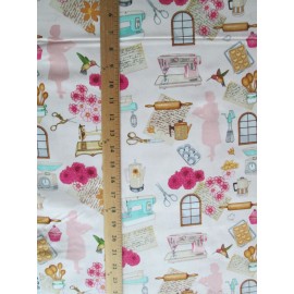 Kanvas 50's RETRO BAKING SEWING ITEMS COFFEE POT ROLLING PIN PINK COTTON FABRIC BTHY