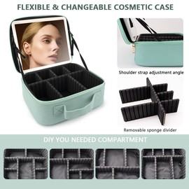Travel Makeup Bag,with Mirror 3 Color Setting and Detachable 10x Magnifying Mirror Travel Makeup Bag,Portable Storage and Adjustable Dividers （light green）