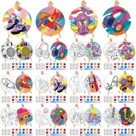 Supervitae 72 Piece Retro Fashion Round Pre Drawn Canvas Kit 5.9" Paint and Sip Kit for Adults Painting Party Pre Printed Canvas DIY with Pictures Paints Easels Brushes for Party Gifts