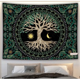 Tree of Life Tapestry Sun and Moon Wall Hanging Tapestry with Vintage Paisley Flowers Wall Tapestries for Bedroom Dorm Living Room Decor (H60 x W82 inches, Green)