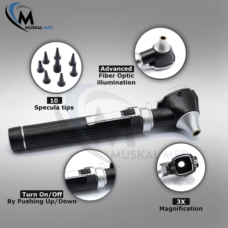MuskalMed Compact Fiber Optic Otoscope with 9 Tips & Plastic