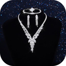 Urieo 4 PCS Silver Wedding Jewelry Sets for Brides and Women Crystal Earrings and Necklace Set Long Tassel Earrings Jewelry Accessories Prom Party Jewelrys