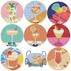 AMFUN Set of 8 Diamond Painting Coasters with Holder, Cocktail Diamond Painting Coasters, Craft Set, Diamond Cup Coasters, Birthday Gift for Adults, Children, Girls