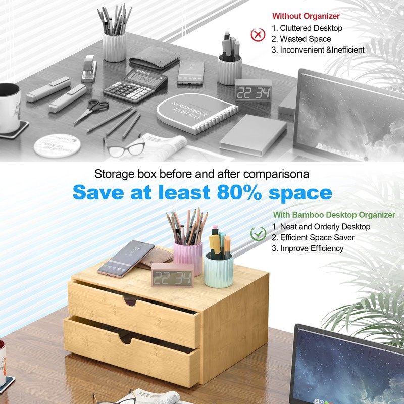 Bamboo Desk Drawer Organizer, Large Desktop Organizer with Drawers Tabletop