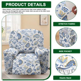 CRFATOP Printed Recliner Slipcover Stretch Reclining Chair Covers 4 Pieces Non Slip Recliner Sofa Slipcovers with Pocket Fitted Sofa Couch Cover Lazy Boy Chair Cover for Pet Kid Living Room,01