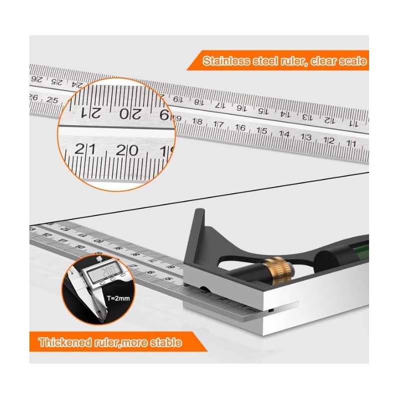 U-Trade Combination Square, 12'/300mm Stainless Steel Combo Square Carpentry Tools,
