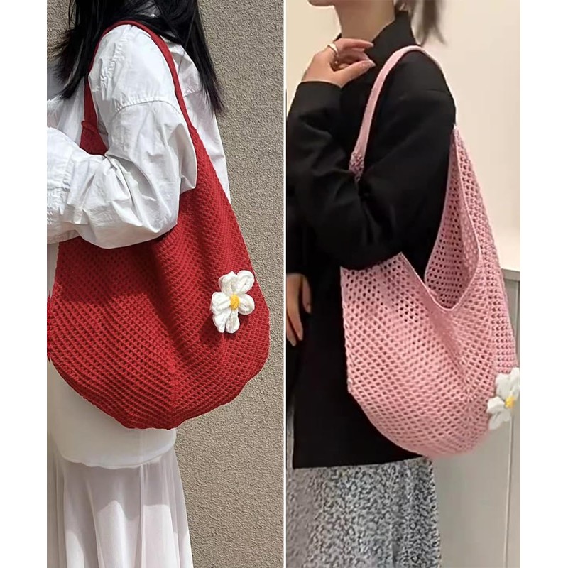 [miniministore] トートバッグ花モチーフ付き編みバッグ軽量（ブルー，ワンサイズ）