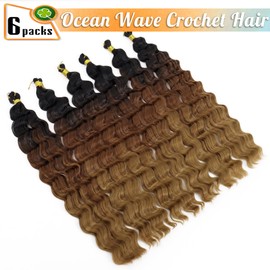 Eerya Ocean Wave Crochet Hair 24 Inch 6 Packs Deep Wave Crochet Hair for Black Women Synthetic Wavy Curly Braiding Hair for Boho Braids（24 inch,T1B/30/27）