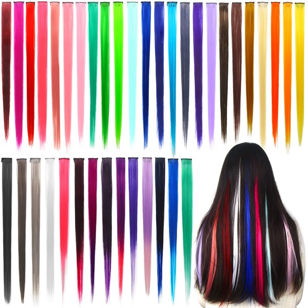 Cinece Hair Extensions, 38 Colors, Set of 6, Single Color, Artificial Hair, 21.7 inches (55 cm), Inner Touch, Straight, Long, Hair Exhaust, Heat Resistant, Collar (Blue D)