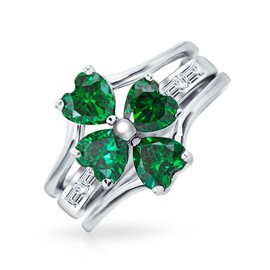 St Patrick Shamrock Irish Green CZ Flower Lucky Four Leaf Clover Inset Ring Set For Women Teen .925 Sterling Silver Cubic Zirconia