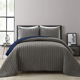 Lush Decor Soft Stripe All Season 2 Piece Quilt/Coverlet Set, Full Queen, Gray & Navy