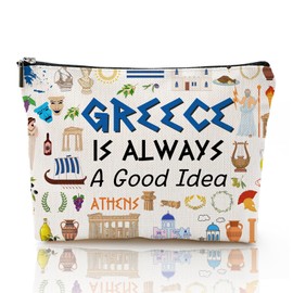 Odebyata Greece Travel Gifts Makeup Bag, Greek Landmark Cosmetic Bag Souvenir Gifts for Travelers Besties Girls Friends Travel Lovers, Large Linen Toiletry Organizer Zipper Bag (Greece)