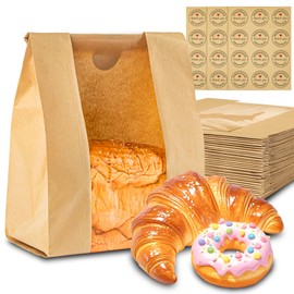 30 PCS Sourdough Bread Bags for Homemade Bread - Sukh Kraft Bakery Bags with Window Brown Paper Bread Bags for Sourdough Rounds Bread Loaf Bags with Labels for Storage Packaging(12.5x8.2x3.9 Inch)
