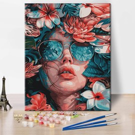 Flowers Paint by Numbers Kits Wear Sunglasses Girl Paint by Numbers for Adults Beautiful Flowers Paint by Numbers Artwork Gifts Flowers in Clusters Girl Painting Artwork for Bedroom Decor 16x20 in