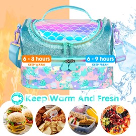 PinkSheep Kids Double Decker Cooler Insulated Lunch Bag for Boys Girls Men Women with Adjustable Strap Mermaid