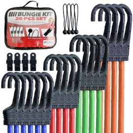 Bungee Cords with Hooks - 26pc Heavy Duty Assortment with Storage Case, Canopy Ties & Ball Bungees Bungie Cord Set