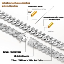 TRIPOD JEWELRY 15mm Full Iced Out Diamond Cuban Link Chain - Hip Hop White Gold Plated Bracelet for Men Women, Birthday Gift & Christmas Gift (White Gold - 15mm, 8.5)