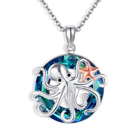 JERWLI Octopus Necklace for Women 925 Sterling Sliver Crystal Ocean Octopus Pendant Necklace Beach Octopus Jewelry Gifts for Women Lover, Medium, Sterling Silver, No Gemstone