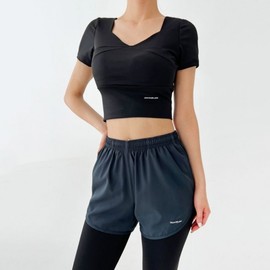 Women's Detachable Pad Crop Short-Sleeve Top & Waistband Back Pocket Side-Slit Leggings Two-Piece Set Top (Black) L - Bottom (Grey) L