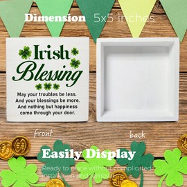 St. Patricks Day Decor, Irish Blessings May Your Troubles Be Less Wooden Sign Home Decor for Desk Table Shelf 5 x 5 Inches, St Patricks Day Decorations