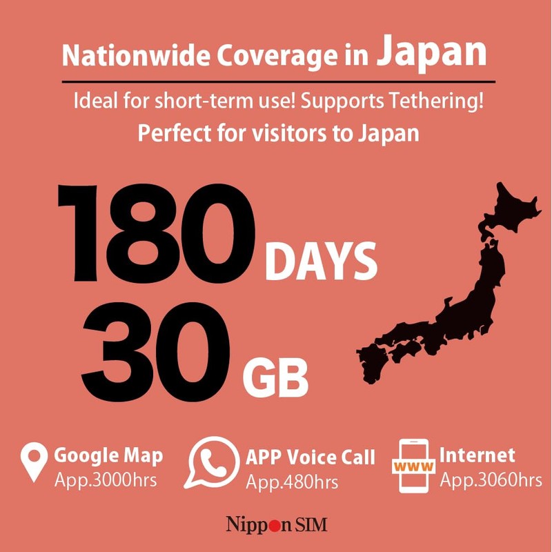 Nippon SIM for Japan 180days 30GB 4G-LTE Data Docomo Network,