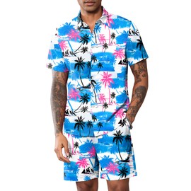 LecGee Mens Summer Two Piece Sets Coconut Tree Button Down Casual Shirt Shorts Hawaiian Outfit Tracksuit Beach Set(P,M)