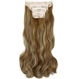 LELINTA 24" Curly Wavy 4 Pieces Set Thick Clip in on Synthetic Hair Extensions Hairpieces for Women Ginger Brown Mix Bleach Blonde