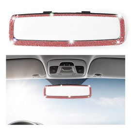 Kewucn Car Bling Rear View Mirror, HD Glass Rear View Mirror with Crystal Diamond, Rhinestone Rearview Mirror, Universal Car Interior Decoration Accessories for Women and Teens (Bling Red)