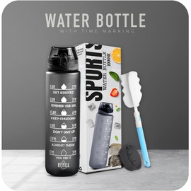 K-MART Water Bottle 1L, Sports Water Bottle with Time Markings, BPA-Free, Leak-Proof Drinks Bottle, Perfect for Running, Cycling, Gym, Yoga, Camping and Outdoor Activities, Black