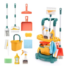 Coolplay Kids Cleaning Toy Set with Trolley Storage Rack, Toddler Pretend Play Housekeeping Toys, Mop Broom Dustpan for Kid Boys and Girls